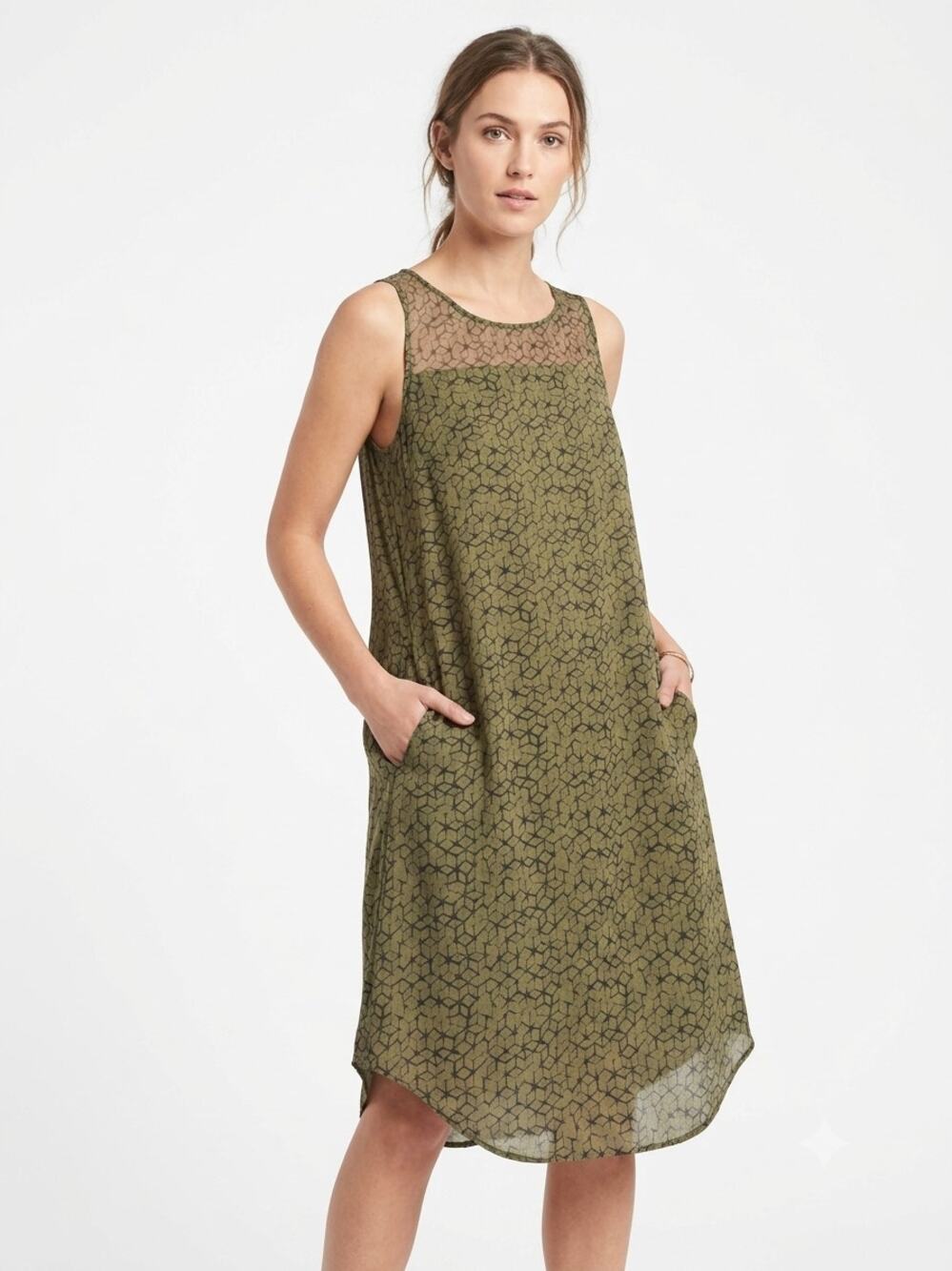 Eileen Fisher Midi A-Line Dress Womens XL Olive Green Cube Geometric Sleeveless